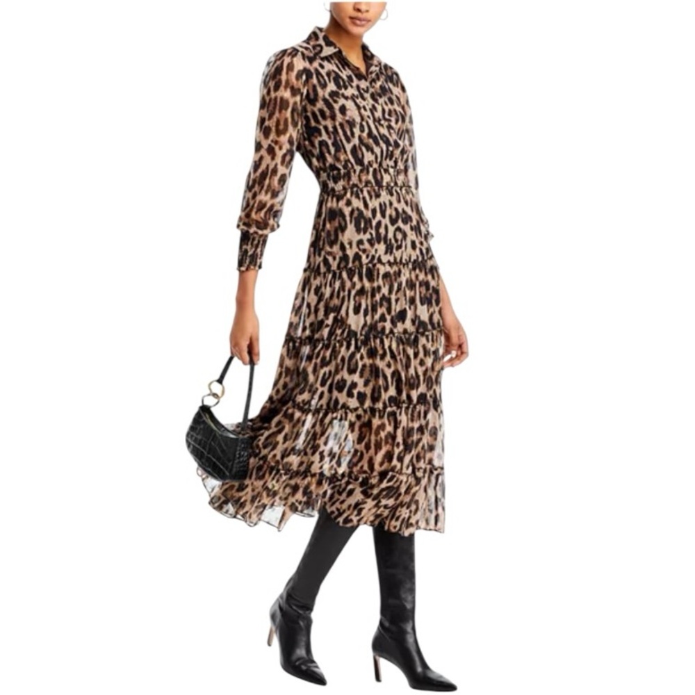 NWT’S T Tahari Collared Tiered Midi Sheer LEPARD Dress